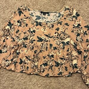 Women's Floral Peasant Crop Top - Tan with Green/Blue Floral Print